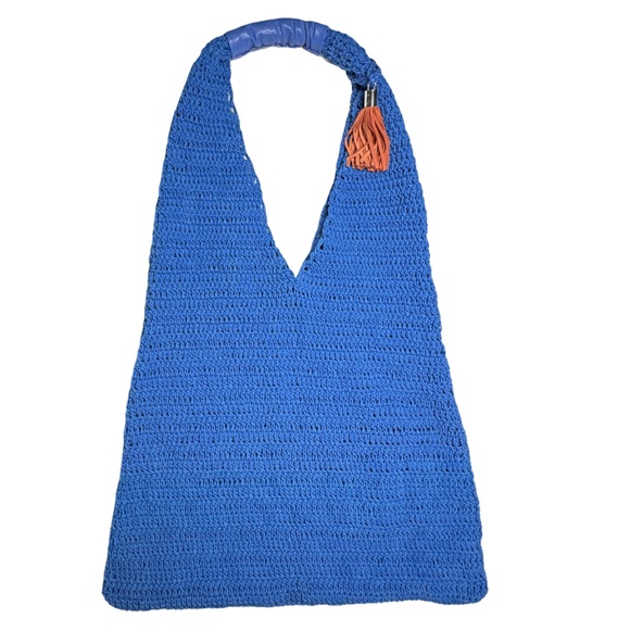 VINTAGE HAVANA | Large Blue Crochet Hobo Sling Beach Shopping Bag - Picture 7 of 13